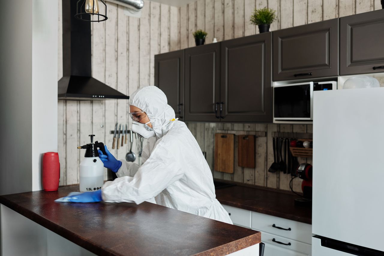 A worker in protective gear disinfects a kitchen, ensuring a clean and safe environment.